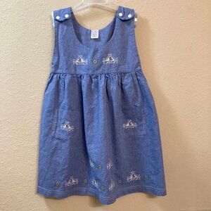 Vintage Italian Blue Cotton Jumper Dress Embroidered Folk Style Pockets Size 5